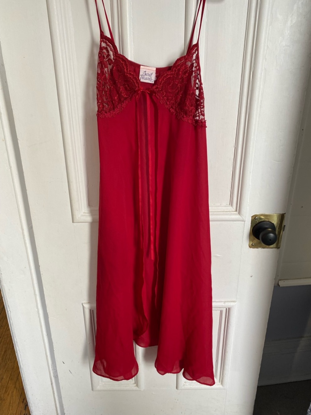 Vintage Bow Tie Open Front Chemise Nightgown with Lace Details - Red